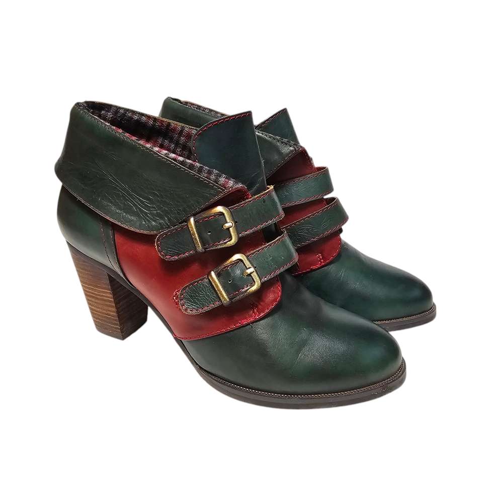 Green & Red Leather Ankle Booties with Buckle Straps